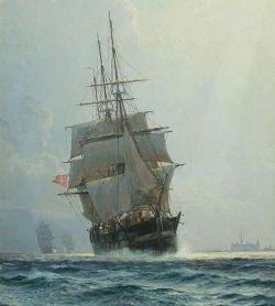 Peinture sur toile de Christian Molsted Fregatter Pa Vandet I Baggrunden Kronborg 1900. reproduction peinte à la main
