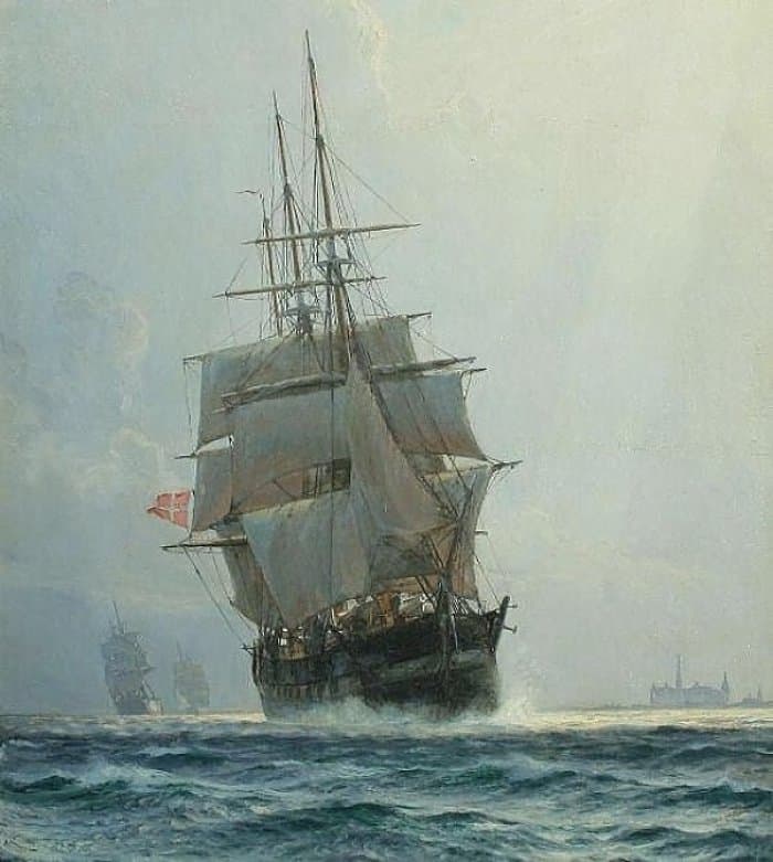 Christian Molsted Fregatter Pa Vandet I Baggrunden Kronborg 1900.
