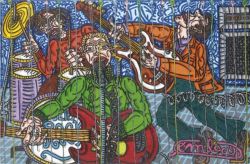Peinture sur toile de Combas Groupe Avec Chanteur Et Pull A Tricot Vert - 1995 reproduction peinte à la main