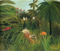 Peinture sur toile de Douanier Rousseau, Jaguar attaquant un cheval reproduction peinte à la main