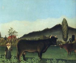 Peinture sur toile de Douanier Rousseau, Paysage avec une vache reproduction peinte à la main
