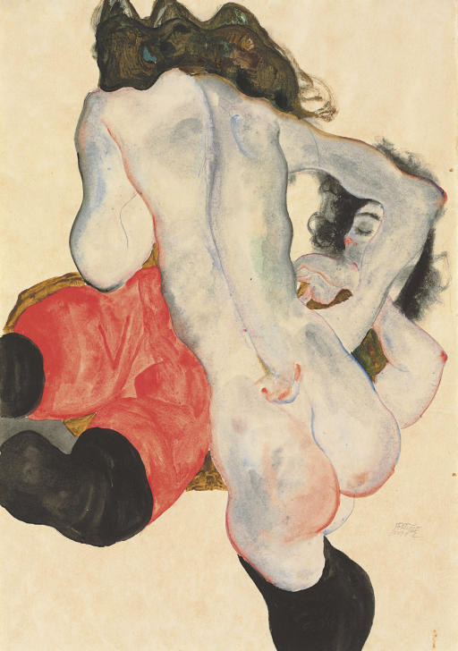 Egon Schiele Lying Woman With Red Pants And Standing Female Nude 1912