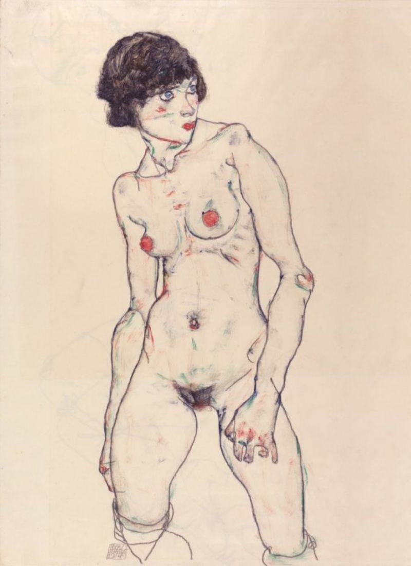 Egon Schiele Nu Debout Aux Bas - Naked Girl Upright With Stockings - 1912