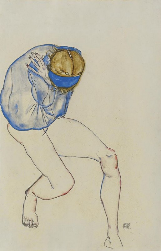 Egon Schiele, Semi-nude blond girl with blue shirt and blue headband, 1913