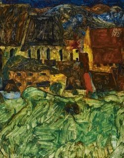 Peinture sur toile de Egon Schiele Wiese, Kirche Und Häuser (meadow, church, and houses), 1912 reproduction peinte à la main