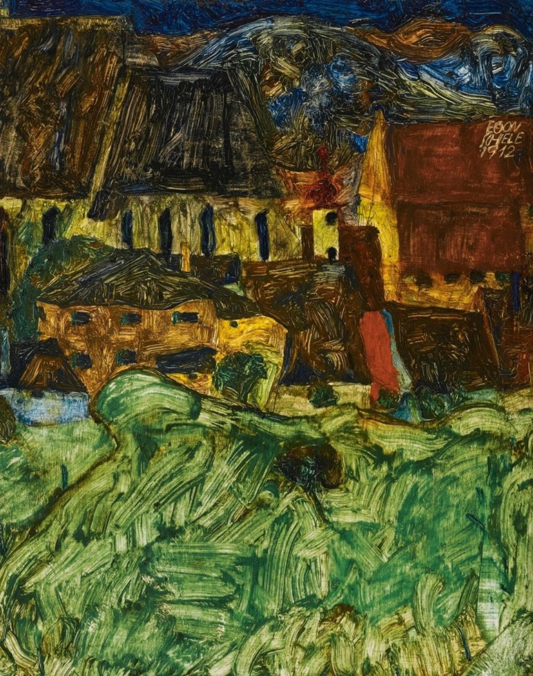 Egon Schiele Wiese, Kirche Und Häuser (meadow, church, and houses), 1912