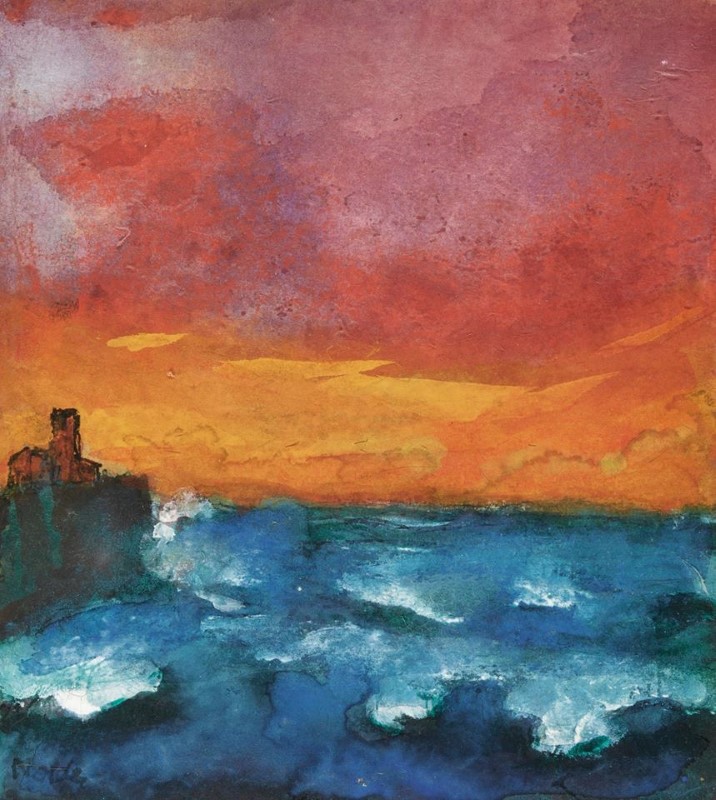 Emil Nolde, Raging blue sea at sunset with rocks and fort, c. 1940-45