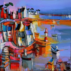 Peinture sur toile de Eric Le Pape Ar Mor La Place Du Port 120x120 1 reproduction peinte à la main