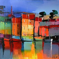 Peinture sur toile de Eric Le Pape Le Clocher Rouge 50x50 1 reproduction peinte à la main