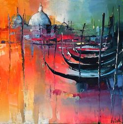 Peinture sur toile de Eric Le Pape Les 4 Gondoles 50x50 1 reproduction peinte à la main