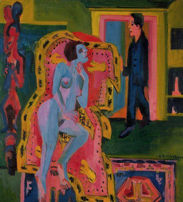 Ernst Ludwig Kirchner, Intérieur avec une chaise longue et un homme - 1924