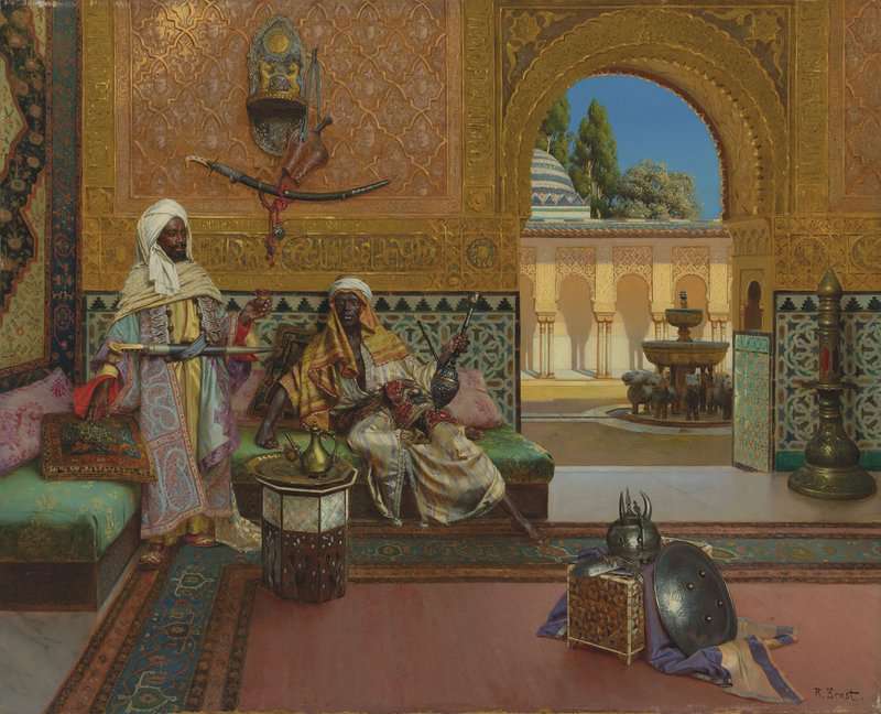 Ernst Rudolf Two Warriors In The Alhambra Palace The Court Of Lions In The Background