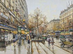 Reproduction sur toile du tableau Eugene Galien Laloue Les Grands Boulevards Pres De La Porte Saint Martin