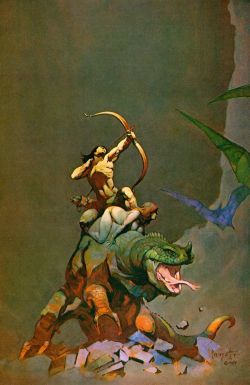 Frank Frazetta Riding The Giant Iguana reproduction peinte à la main