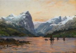 Frithjof Smith-hald Landscape With Mountains And Boats reproduction peinte à la main