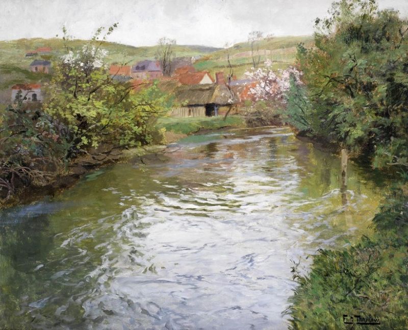 Frits Thaulow Farmhouses On The Banks Of A Stream