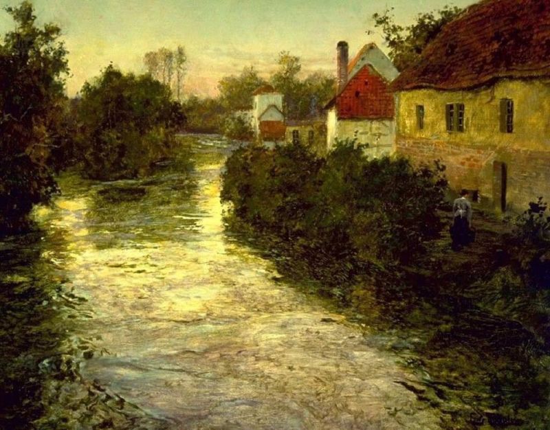 Frits Thaulow Village On The Bank Of A Stream