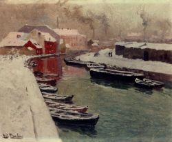 Fritz Thaulow A Snowy Harbor View reproduction peinte à la main