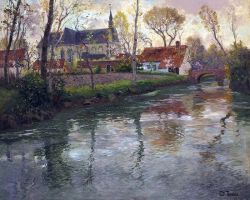 Fritz Thaulow River Landscape With A Church Beyond reproduction peinte à la main