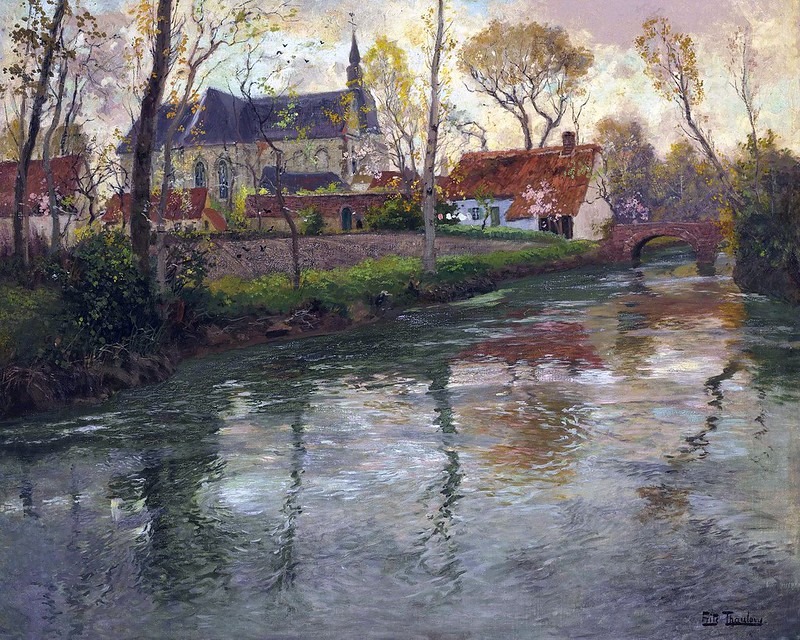 Fritz Thaulow River Landscape With A Church Beyond