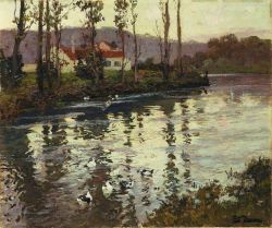Fritz Thaulow River Landscape With Ducks reproduction peinte à la main
