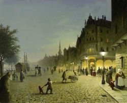 Peinture sur toile de Gabor Vida The Gold Mine. Amazed Passers-by In Front Of A Store S Brightly Illuminated Shop Window reproduction peinte à la main