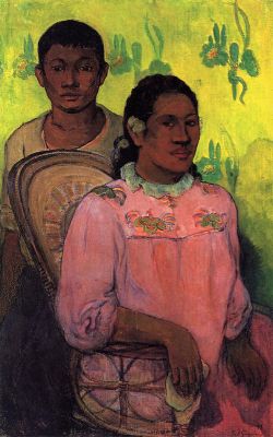 Peinture sur toile de Gauguin, Tahitiens - Femme  et garçon reproduction peinte à la main