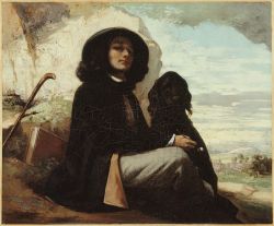 Peinture sur toile de Gustave Courbet, Autoportrait au chien noir reproduction peinte à la main