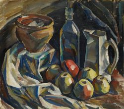 Ilmari Aalto, Still Life with Jug, Pot, Bottle and Apples, 1922 reproduction peinte à la main