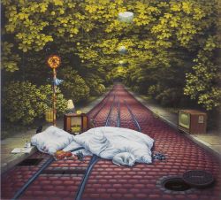 Peinture sur toile de Jacek Yerka Waiting For The Tram reproduction peinte à la main