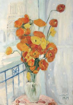Peinture sur toile de Jacqueline Marval, Bouquet de pavots devant Notre-Dame, 1929 reproduction peinte à la main