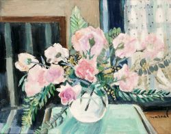 Peinture sur toile de Jacqueline Marval, Bouquet de roses à la fenêtre, ca 1930 reproduction peinte à la main