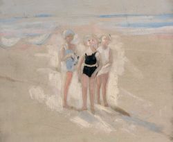 Peinture sur toile de Jacqueline Marval, Enfants sur la Plage reproduction peinte à la main