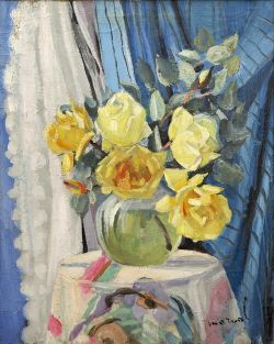 Peinture sur toile de Jacqueline Marval, Roses Jaunes, Rideau Bleu, 1924 reproduction peinte à la main