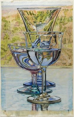 Janet Fish Three Wine Glasses And House 1977 reproduction peinte à la main