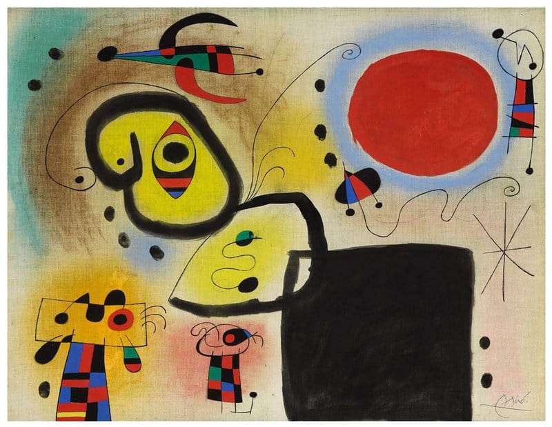 Joan Miro Personnages Et Oiseau Devant Le Soleil 1952
