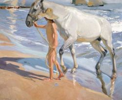 Peinture sur toile de Joaquin Sorolla, The Horse's Bath - 1909 reproduction peinte à la main
