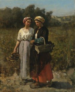 Reproduction sur toile du tableau Jules Breton Two Young Women Picking Grapes