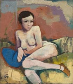 Karl Hofer Sitzender Akt Mit Blauen Kissen 1927 reproduction peinte à la main