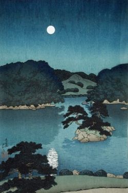 Kawase Hasui Moonlit Night Daisensui Pond 1920 reproduction peinte à la main