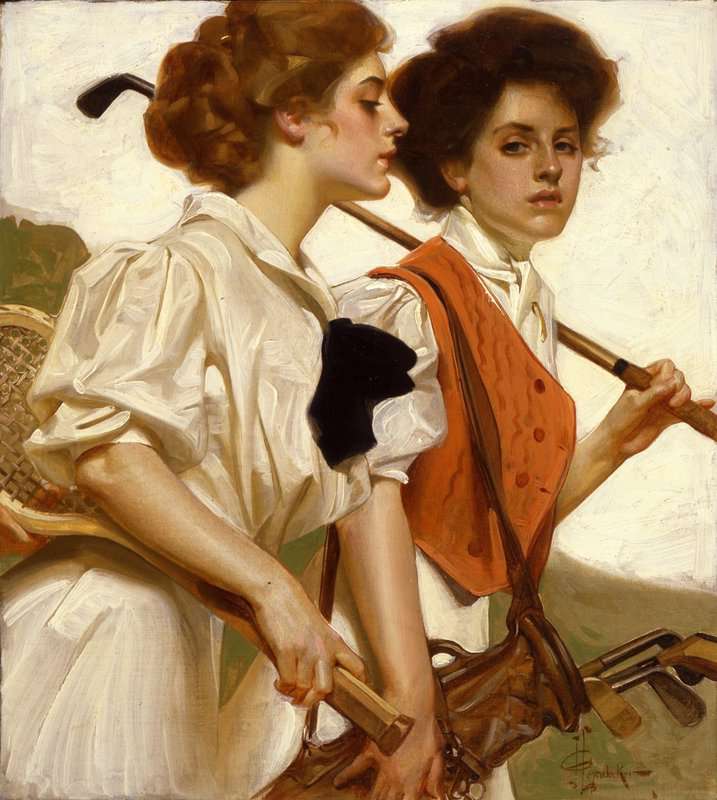 Leyendecker Joseph Christian Gibson Girls With Golf Clubs And Tennis Racquet Ca. 1920