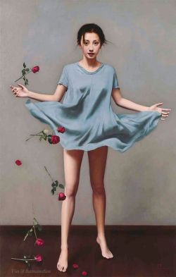 Li Guijun Young Woman With Roses reproduction peinte à la main