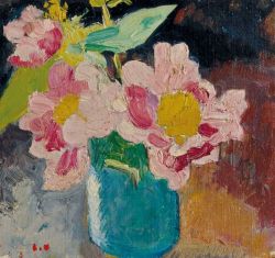 Louis Valtat, Fleurs roses aux cœurs jaunes, vase bleu reproduction peinte à la main