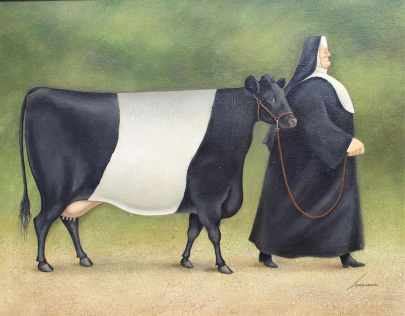 Reproduction peinte à l'huile Lowell Herrero Dutch Belted Cow Also Known As The Nun And The Cow - finition musée artisanale en relief sur toile