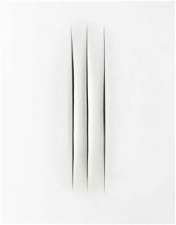 Peinture sur toile de Lucio Fontana Concetto Spaziale Attese - Blanc 3 Entailles reproduction peinte à la main