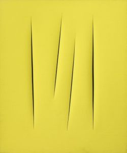 Peinture sur toile de Lucio Fontana Concetto Spaziale Attese 1965 - Yellow reproduction peinte à la main