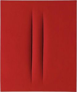 Peinture sur toile de Lucio Fontana Concetto Spaziale Attese 1966 - Red 2 Cuts reproduction peinte à la main