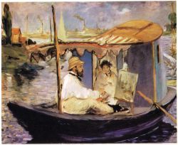 Manet, Claude Monet Dans Son Bateau Atelier reproduction peinte à la main