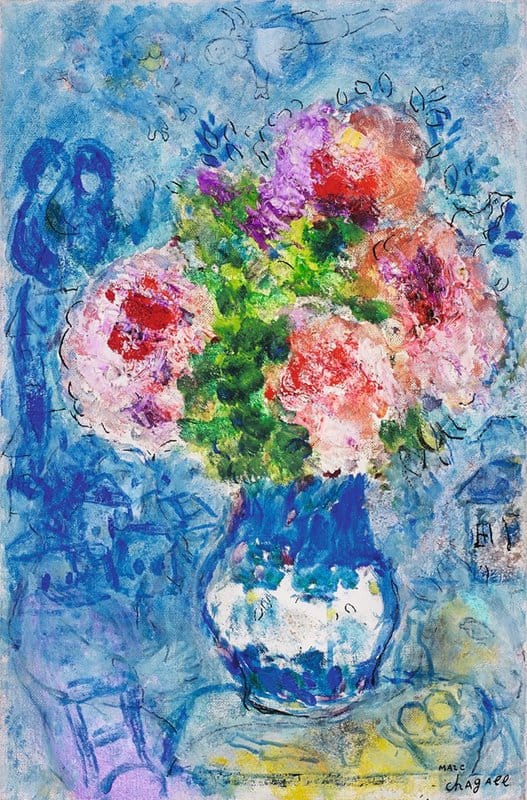 Marc Chagall Bouquet Rose Sur Fond Bleu 1956-70