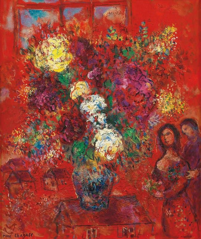 Marc Chagall Le Bouquet Au Fond Rouge 1965